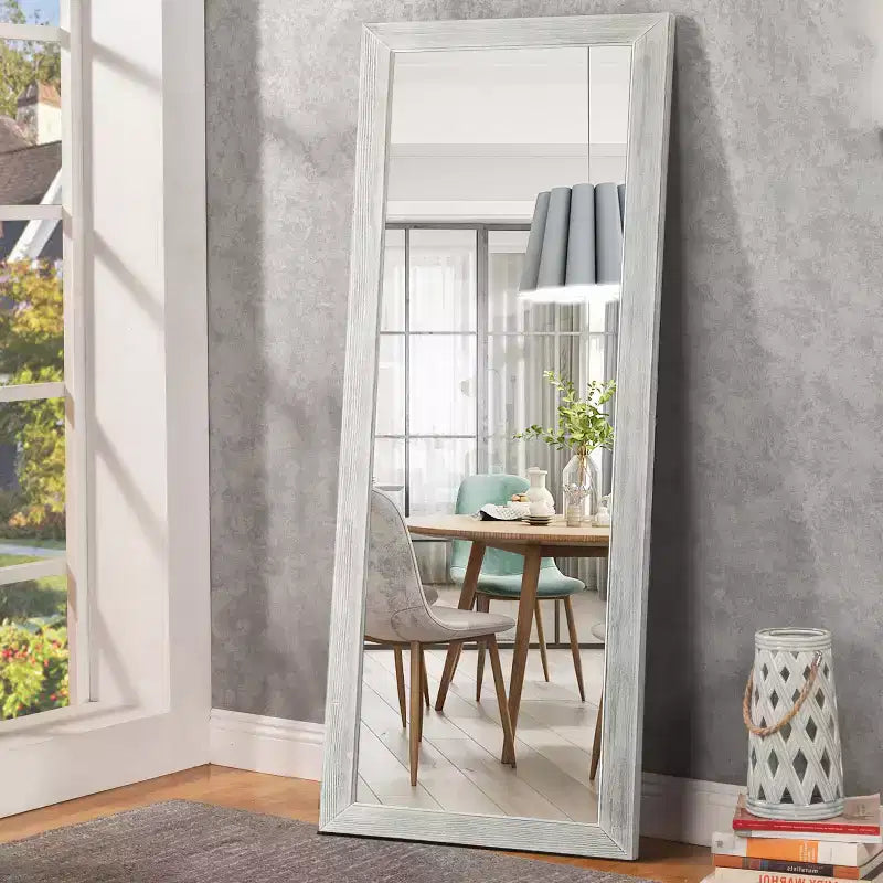 MAYEERTY Miroir pleine longueur en bois massif brossé blanc délavé 64x21in avec support en verre trempé