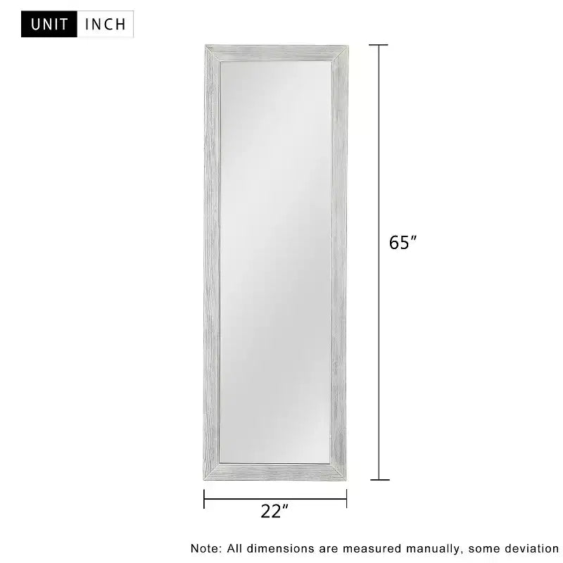 MAYEERTY Miroir pleine longueur en bois massif brossé blanc délavé 64x21in avec support en verre trempé