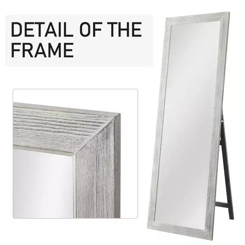MAYEERTY Miroir pleine longueur en bois massif brossé blanc délavé 64x21in avec support en verre trempé