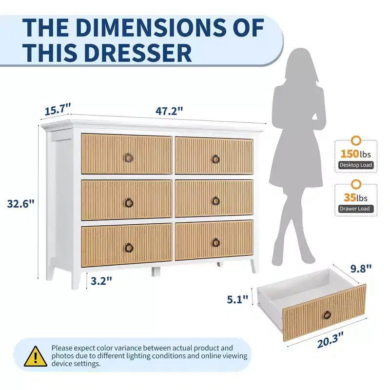 Commode 6 tiroirs pour chambre à coucher, commode moderne cannelée avec pieds en bois massif, longue commode double en bois, grande commode à tiroirs