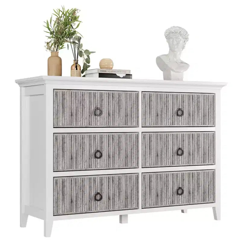 Commode 6 tiroirs pour chambre à coucher, commode moderne cannelée avec pieds en bois massif, longue commode double en bois, grande commode à tiroirs