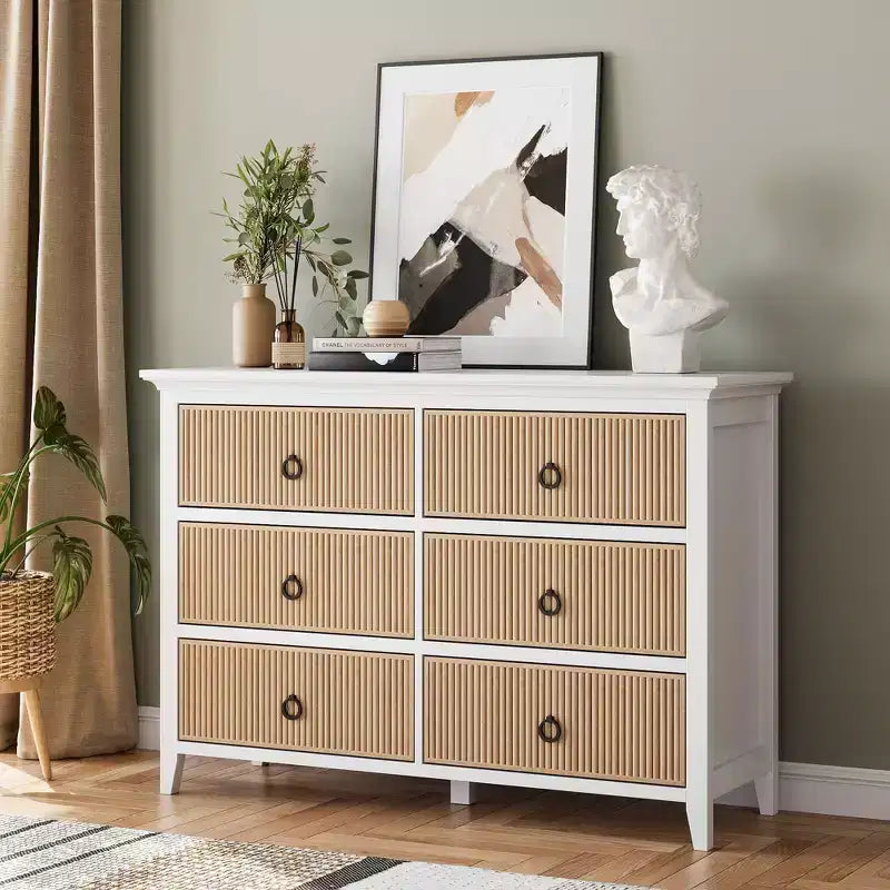 Commode 6 tiroirs pour chambre à coucher, commode moderne cannelée avec pieds en bois massif, longue commode double en bois, grande commode à tiroirs