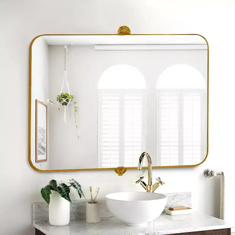 Miroir suspendu MAYEERTY, cadre en fer, coins arrondis, rectangulaire, noir, quincaillerie rotative, 31x23x2in