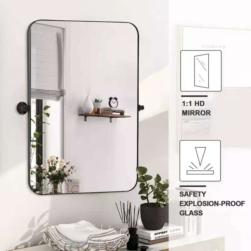 Miroir suspendu MAYEERTY, cadre en fer, coins arrondis, rectangulaire, noir, quincaillerie rotative, 31x23x2in