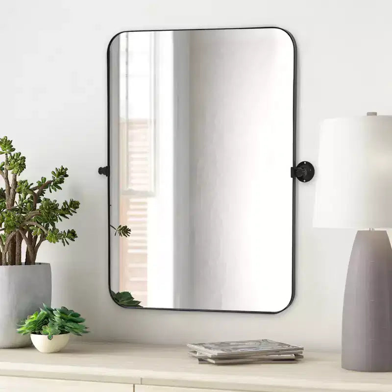 Miroir suspendu MAYEERTY, cadre en fer, coins arrondis, rectangulaire, noir, quincaillerie rotative, 31x23x2in