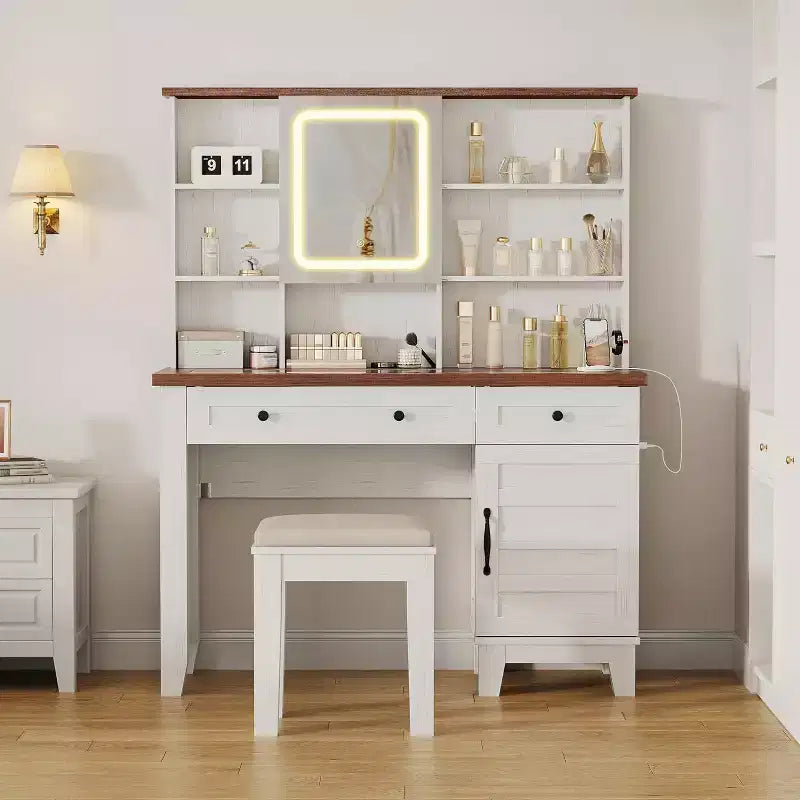 Coiffeuse avec miroir et lumières, table de maquillage avec plateau en verre de 106 cm, tabouret rembourré, tiroirs, meuble de rangement et étagères ouvertes, 2 tiroirs de rangement