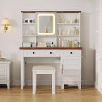 Coiffeuse avec miroir et lumières, table de maquillage avec plateau en verre de 106 cm, tabouret rembourré, tiroirs, meuble de rangement et étagères ouvertes, 2 tiroirs de rangement