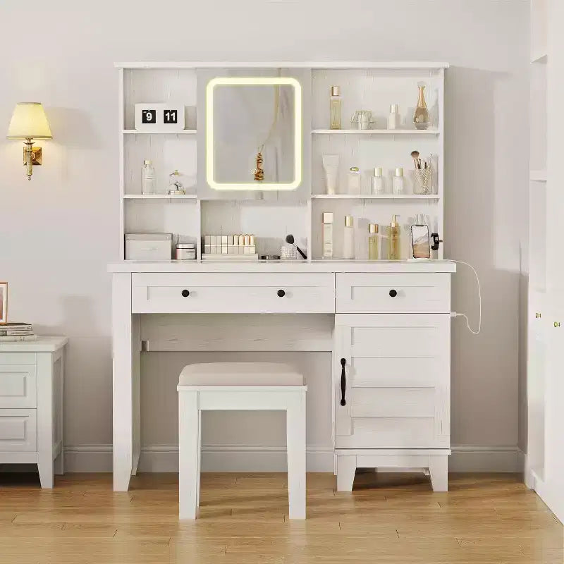Coiffeuse avec miroir et lumières, table de maquillage avec plateau en verre de 106 cm, tabouret rembourré, tiroirs, meuble de rangement et étagères ouvertes, 2 tiroirs de rangement
