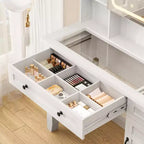 Coiffeuse avec miroir et lumières, table de maquillage avec plateau en verre de 106 cm, tabouret rembourré, tiroirs, meuble de rangement et étagères ouvertes, 2 tiroirs de rangement