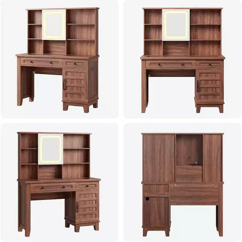 Coiffeuse avec miroir et lumières, table de maquillage avec plateau en verre de 106 cm, tabouret rembourré, tiroirs, meuble de rangement et étagères ouvertes, 2 tiroirs de rangement