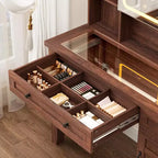 Coiffeuse avec miroir et lumières, table de maquillage avec plateau en verre de 106 cm, tabouret rembourré, tiroirs, meuble de rangement et étagères ouvertes, 2 tiroirs de rangement