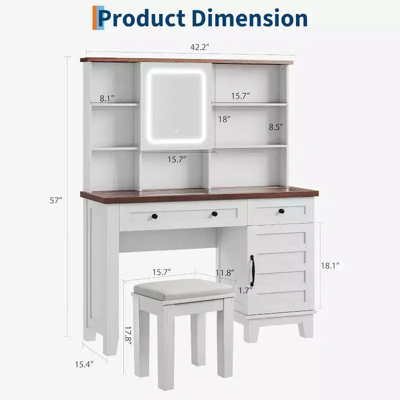 Coiffeuse avec miroir et lumières, table de maquillage avec plateau en verre de 106 cm, tabouret rembourré, tiroirs, meuble de rangement et étagères ouvertes, 2 tiroirs de rangement