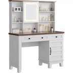 Coiffeuse avec miroir et lumières, table de maquillage avec plateau en verre de 106 cm, tabouret rembourré, tiroirs, meuble de rangement et étagères ouvertes, 2 tiroirs de rangement