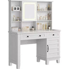 Coiffeuse avec miroir et lumières, table de maquillage avec plateau en verre de 106 cm, tabouret rembourré, tiroirs, meuble de rangement et étagères ouvertes, 2 tiroirs de rangement