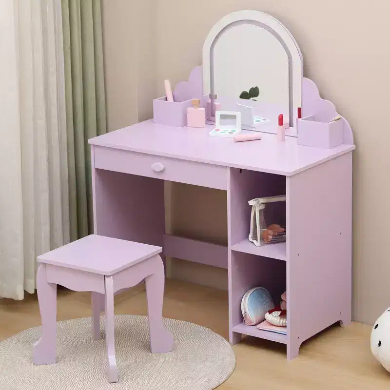 Coiffeuse pour enfants avec miroir lumineux et tabouret, avec tiroir et étagères ouvertes, coiffeuse 2 en 1 pour petites filles de 3 à 9 ans
