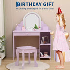 Coiffeuse pour enfants avec miroir lumineux et tabouret, avec tiroir et étagères ouvertes, coiffeuse 2 en 1 pour petites filles de 3 à 9 ans
