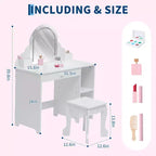 Coiffeuse pour enfants avec miroir lumineux et tabouret, avec tiroir et étagères ouvertes, coiffeuse 2 en 1 pour petites filles de 3 à 9 ans