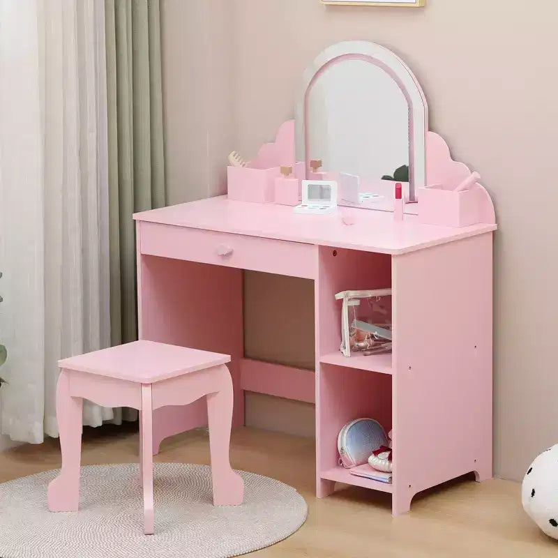Coiffeuse pour enfants avec miroir lumineux et tabouret, avec tiroir et étagères ouvertes, coiffeuse 2 en 1 pour petites filles de 3 à 9 ans