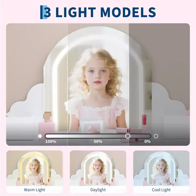 Coiffeuse pour enfants avec miroir lumineux et tabouret, avec tiroir et étagères ouvertes, coiffeuse 2 en 1 pour petites filles de 3 à 9 ans