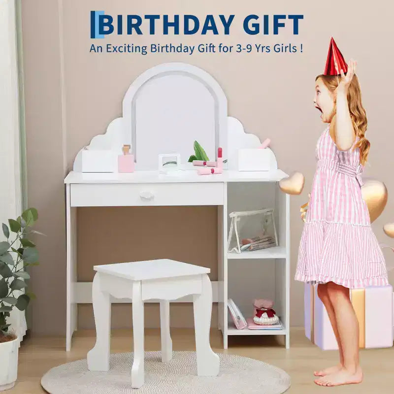 Coiffeuse pour enfants avec miroir lumineux et tabouret, avec tiroir et étagères ouvertes, coiffeuse 2 en 1 pour petites filles de 3 à 9 ans