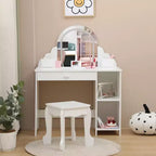 Coiffeuse pour enfants avec miroir lumineux et tabouret, avec tiroir et étagères ouvertes, coiffeuse 2 en 1 pour petites filles de 3 à 9 ans