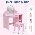 Coiffeuse pour enfants avec miroir lumineux et tabouret, avec tiroir et étagères ouvertes, coiffeuse 2 en 1 pour petites filles de 3 à 9 ans