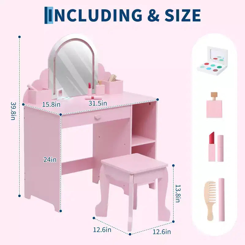 Coiffeuse pour enfants avec miroir lumineux et tabouret, avec tiroir et étagères ouvertes, coiffeuse 2 en 1 pour petites filles de 3 à 9 ans