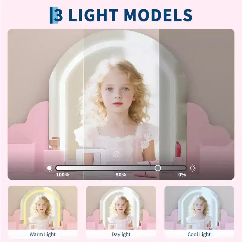 Coiffeuse pour enfants avec miroir lumineux et tabouret, avec tiroir et étagères ouvertes, coiffeuse 2 en 1 pour petites filles de 3 à 9 ans