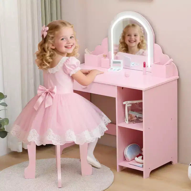 Coiffeuse pour enfants avec miroir lumineux et tabouret, avec tiroir et étagères ouvertes, coiffeuse 2 en 1 pour petites filles de 3 à 9 ans