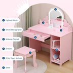 Coiffeuse pour enfants avec miroir lumineux et tabouret, avec tiroir et étagères ouvertes, coiffeuse 2 en 1 pour petites filles de 3 à 9 ans