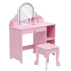 Kids Vanity with Lighted Mirror & Stool, with Drawer & Open Shelves, 2 in 1 Little Girls Vanity Table for 3-9 Yrs Girls