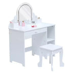 Coiffeuse pour enfants avec miroir lumineux et tabouret, avec tiroir et étagères ouvertes, coiffeuse 2 en 1 pour petites filles de 3 à 9 ans