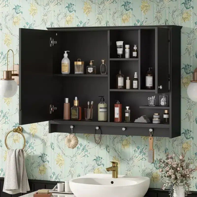 Meuble de Rangement Mural pour Salle de Bain Okak, Armoire à Pharmacie avec Miroir et Étagères Réglables, 1 Porte et Crochets à Serviettes, Organisateur de Salle de Bain