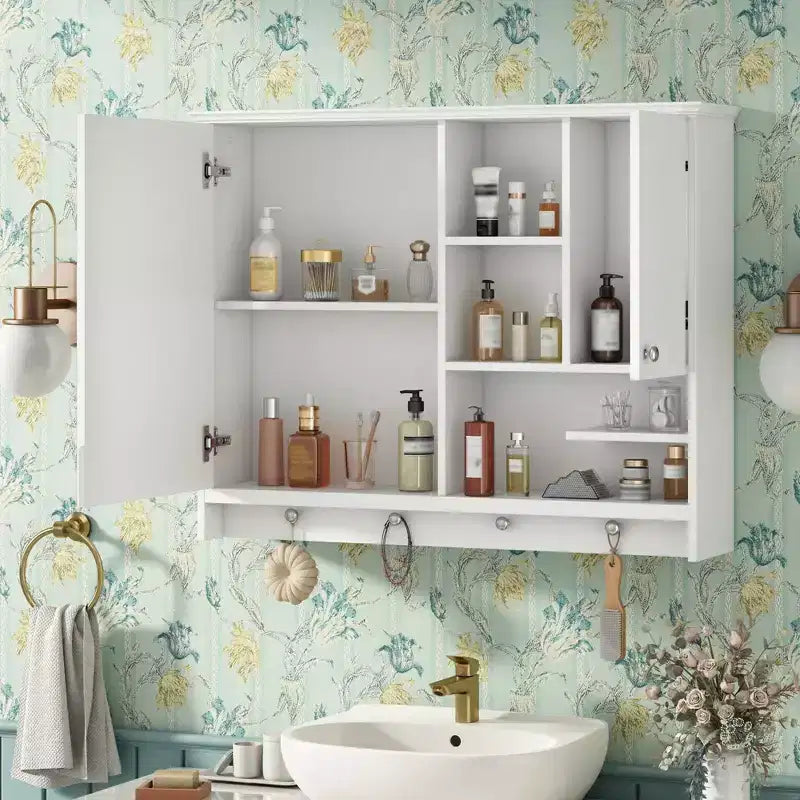 Meuble de Rangement Mural pour Salle de Bain Okak, Armoire à Pharmacie avec Miroir et Étagères Réglables, 1 Porte et Crochets à Serviettes, Organisateur de Salle de Bain