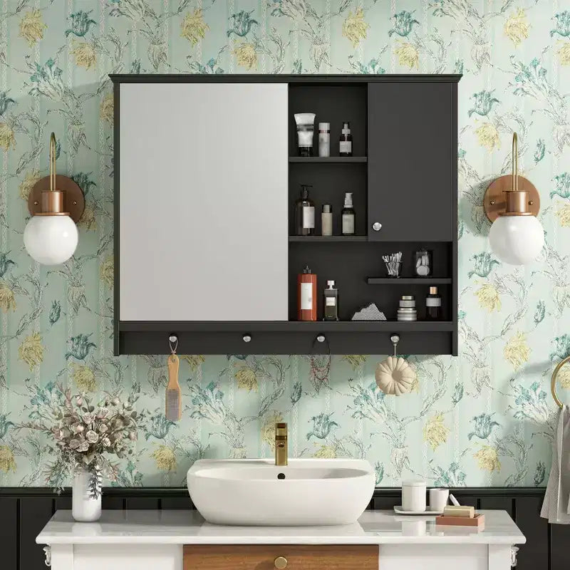 Meuble de Rangement Mural pour Salle de Bain Okak, Armoire à Pharmacie avec Miroir et Étagères Réglables, 1 Porte et Crochets à Serviettes, Organisateur de Salle de Bain