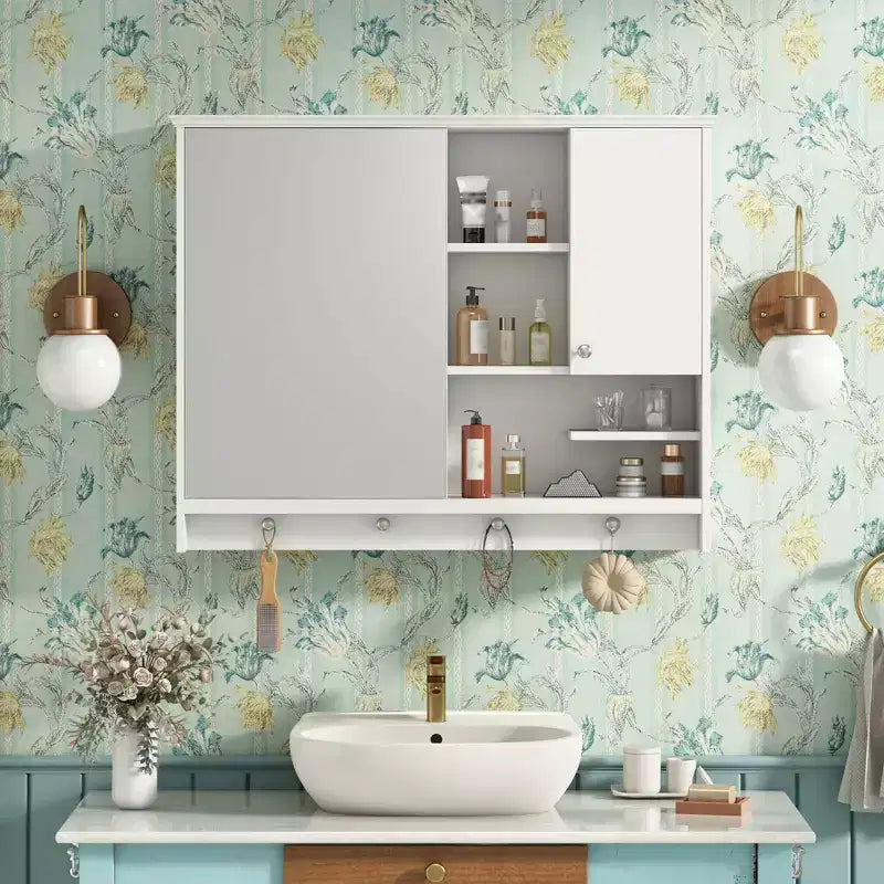 Okak Wall Mounted Bathroom Storage Cabinet, Medicine Cabinet with Mirror&Adjustable Shelves, 1 Door&Towel Hooks, Bathroom Organizer