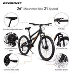 NAYSAYE Vélo 26 pouces Cadre acier 21 vitesses VTT avec double suspension Vélo adulte pour cyclisme en extérieur, Noir, 67*25*40