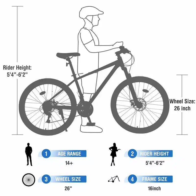 NAYSAYE Vélo VTT 26 Pouces Cadre en Acier Fourche Suspendue 24 Vitesses Vélo Adulte pour Aventure en Plein Air, Bleu, 65,75*24,41*37