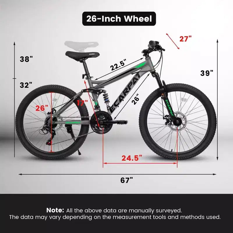 NAYSAYE Vélo VTT 26 pouces 21 vitesses avec double amortisseur pour trajets quotidiens et voyages unisexe, Gris, 67*27*39