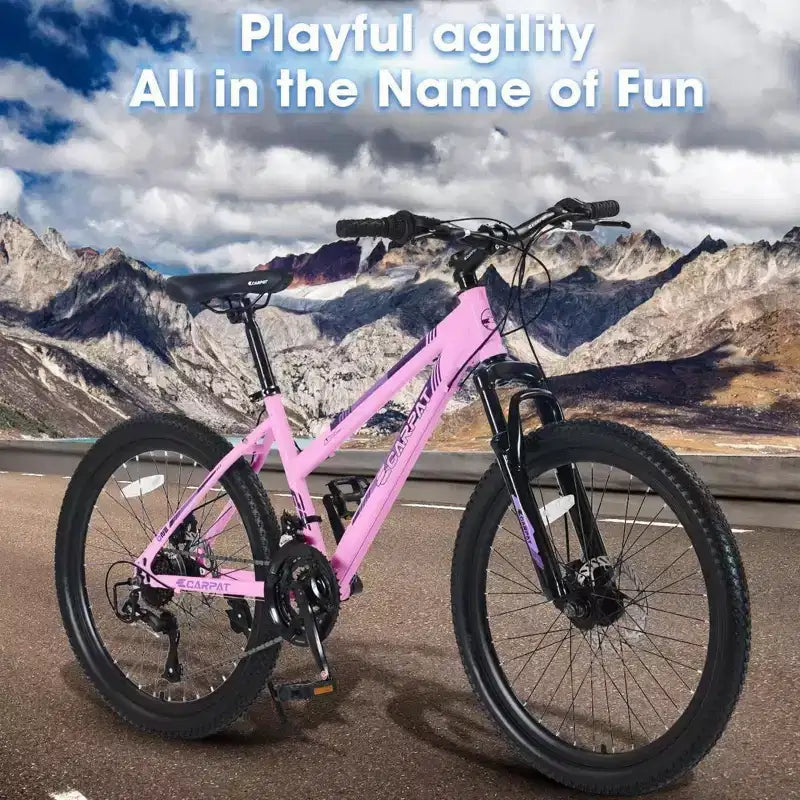 Vélo de montagne NAYSAYE 24 pouces avec dérailleur 21 vitesses, double freins à disque pour adolescents et femmes, rose, 66*24.8*35