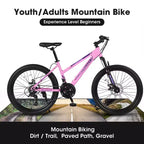 Vélo de montagne NAYSAYE 24 pouces avec dérailleur 21 vitesses, double freins à disque pour adolescents et femmes, rose, 66*24.8*35