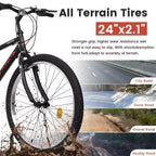NAYSAYE Vélo VTT 24 pouces Cadre 21 vitesses Double freins en V pour adultes et adolescents pour la randonnée en montagne, Noir et Rouge, 64,57*24,8*34,65