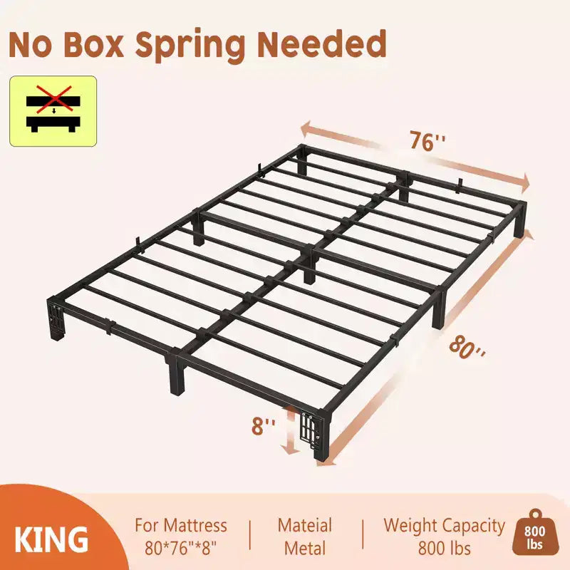 Cadre de lit King Size, plateforme métallique de 10 pouces, sans vis, sans sommier tapissier, robuste, capacité de 800 lb, lattes et pieds en fer renforcés