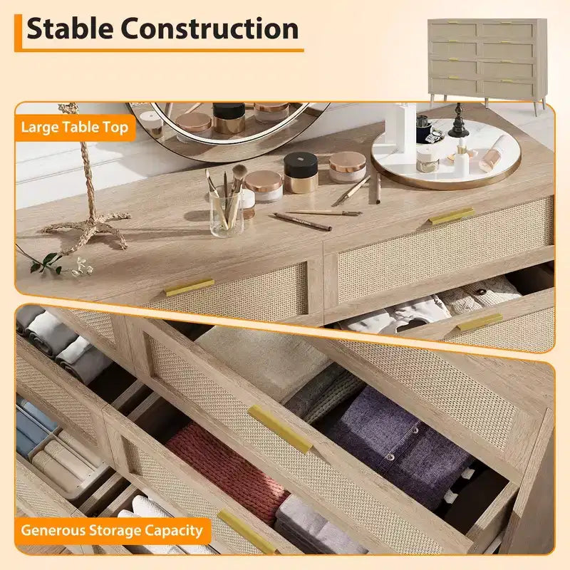 Commode en rotin à 8 tiroirs, commode en bois avec 5 pieds en bois massif, commode moderne du milieu du siècle pour placard avec poignées pour chambre à coucher, salon