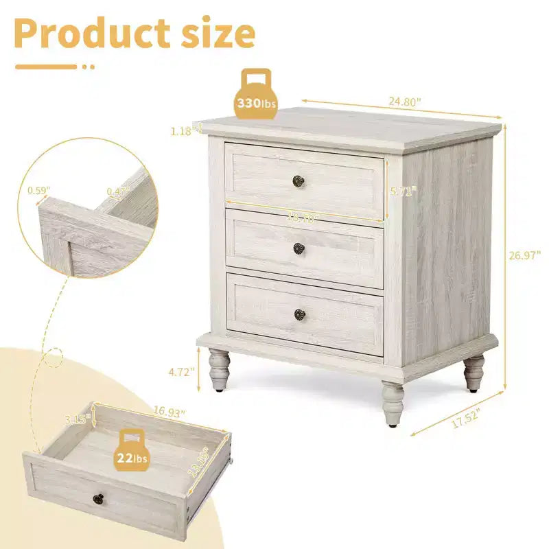 Karl Home Tables de chevet 3 tiroirs en aggloméré blanc 63 cm l.