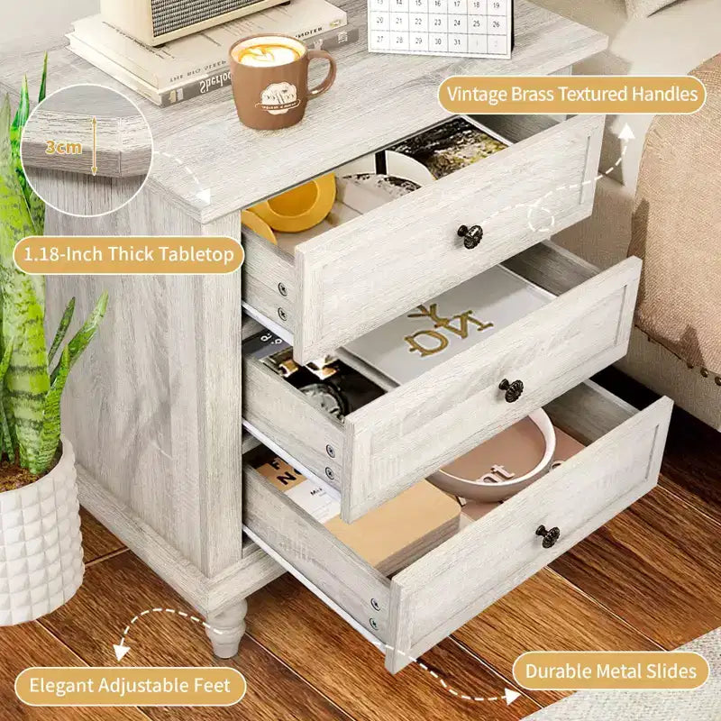 Karl Home Tables de chevet 3 tiroirs en aggloméré blanc 63 cm l.