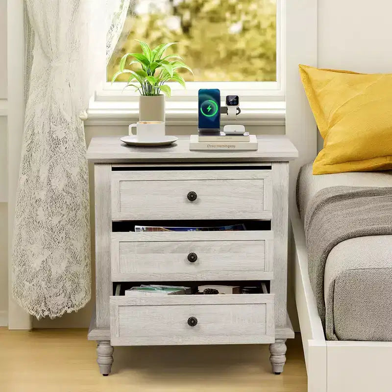 Karl Home Tables de chevet 3 tiroirs en aggloméré blanc 63 cm l.