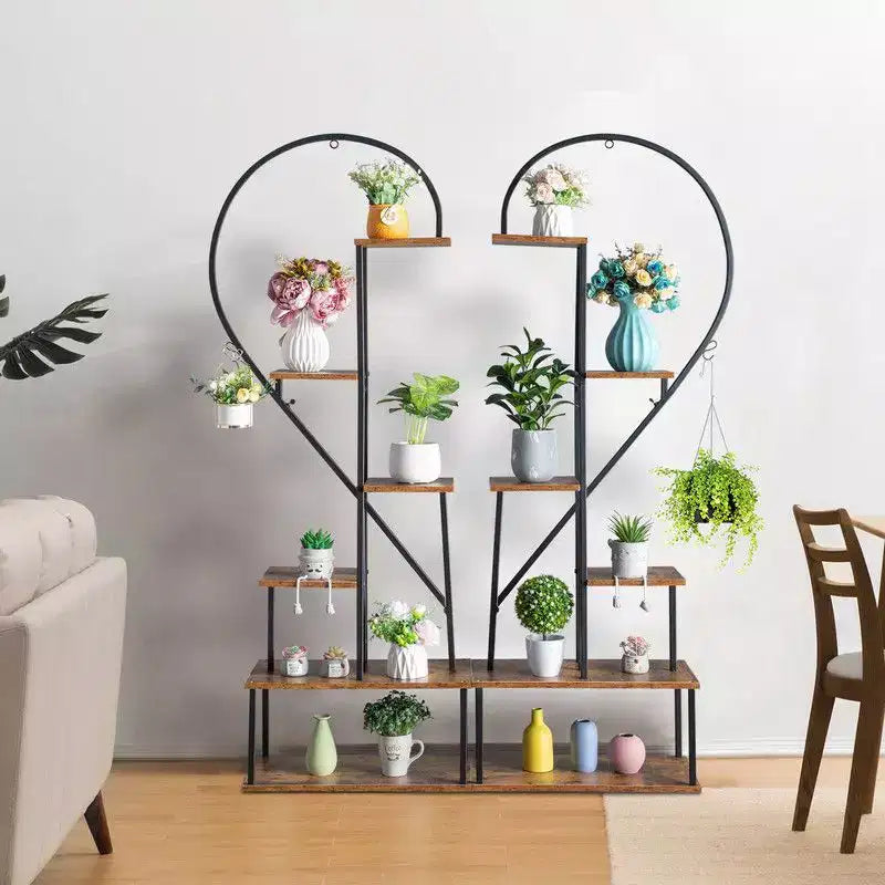 Karl Home 6 Layers Half Heart Iron Wood Plant Stand Flower Pot Stand