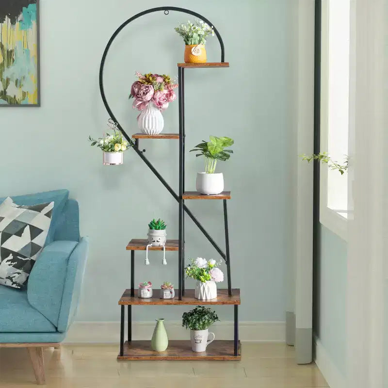 Karl Home Support à plantes en fer et bois en forme de demi-cœur à 6 étages, support pour pot de fleurs