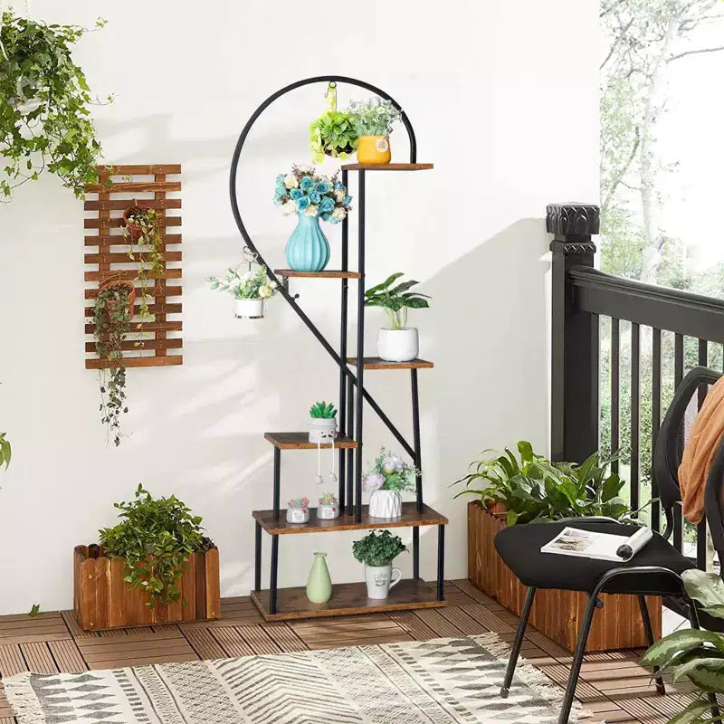 Karl Home Support à plantes en fer et bois en forme de demi-cœur à 6 étages, support pour pot de fleurs